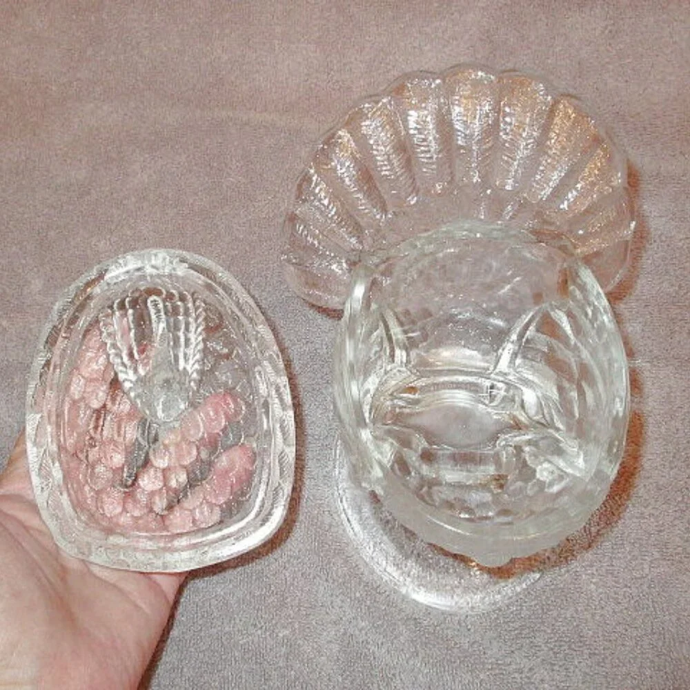 Vtg L.E. Smith Turkey On A Nest Covered Dish Clear Glass 7.5